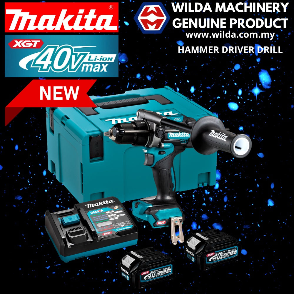 MAKITA HP001GD201 40V CORDLESS BRUSHLESS HAMMER DRIVER DRILL C/W 2X 2 ...