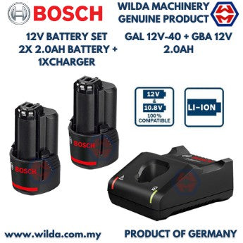 Bateri & pengecas Bosch GAL 12v-40 + 2x GBA 12v 2.0Ah Set Pemula Dengan Pengecas Pantas dan Bateri Li-lon- 1 600 A01 B8Y