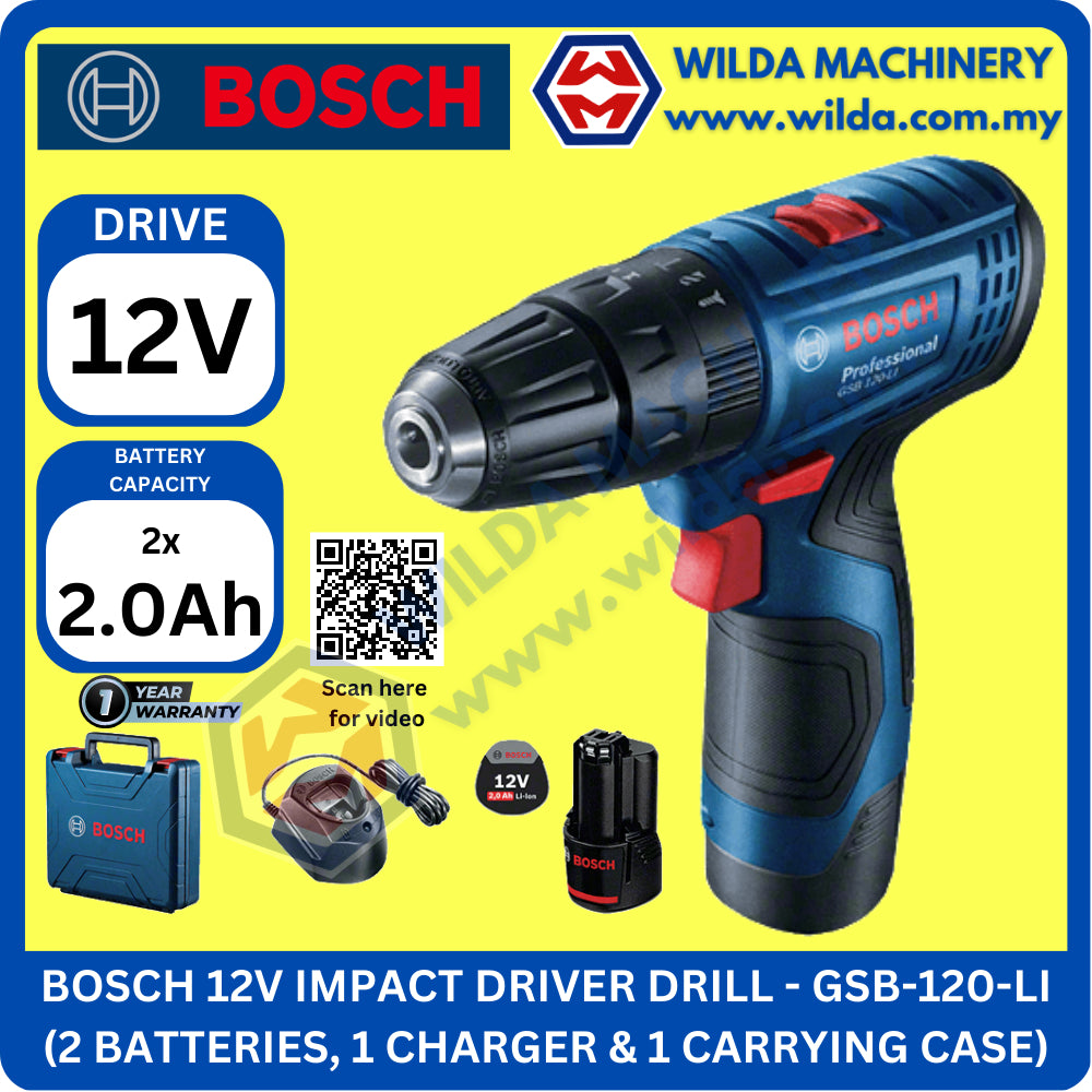 BOSCH GSB 120-LI (GEN 2) Professional Cordless Impact Drill Kit (with 2 Battery & Charger) WILDA MACHINERY