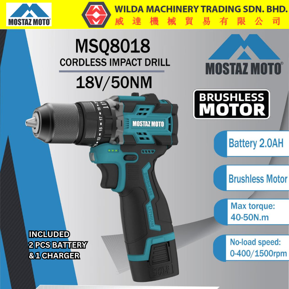 MOSTAZ MOTO MSQ8018 Brushless Cordless Impact Drill 18V 50Nm Steel Drill Chuck