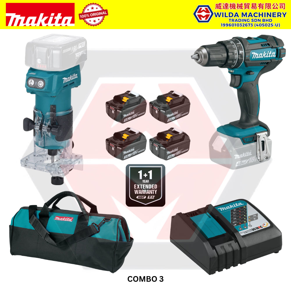 MAKITA 18V CORDLESS COMBO SET - 4" ANGLE GRINDER (DGA404Z) + 24MM ROTARY HAMMER (DHR242Z) + IMPACT DRILL (DHP482Z)