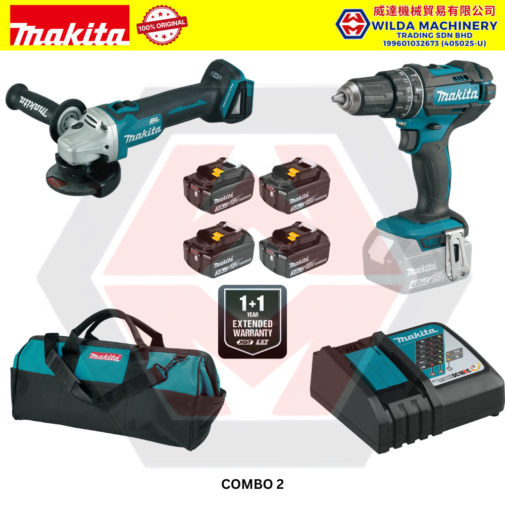 MAKITA 18V CORDLESS COMBO SET - 4" ANGLE GRINDER (DGA404Z) + 24MM ROTARY HAMMER (DHR242Z) + IMPACT DRILL (DHP482Z)