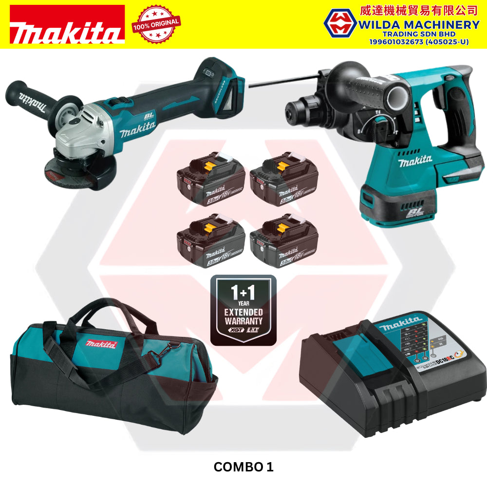 MAKITA 18V CORDLESS COMBO SET - 4" ANGLE GRINDER (DGA404Z) + 24MM ROTARY HAMMER (DHR242Z) + IMPACT DRILL (DHP482Z)