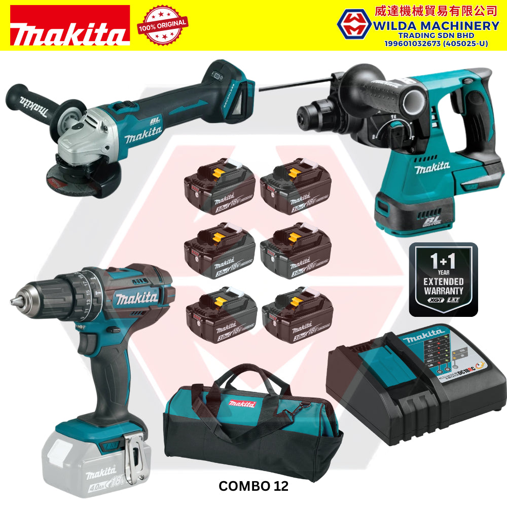 MAKITA 18V CORDLESS COMBO SET - 4" ANGLE GRINDER (DGA404Z) + 24MM ROTARY HAMMER (DHR242Z) + IMPACT DRILL (DHP482Z)