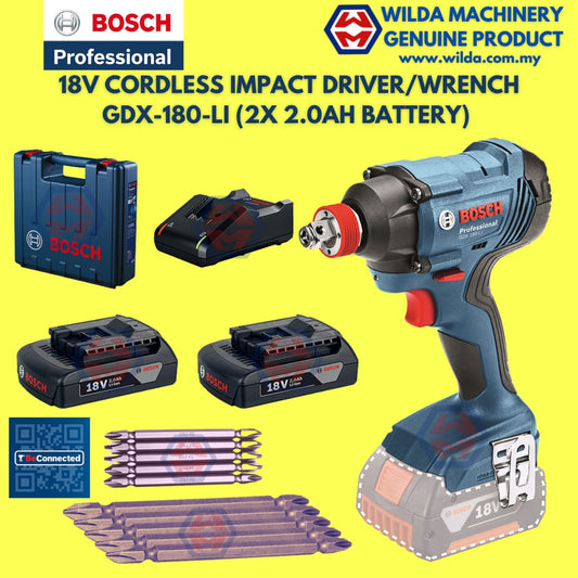 Bosch GDX-180-LI Cordless Impact Driver/Wrench F.O.C 10 PCS PH2 SCREW BIT | Wilda Machinery