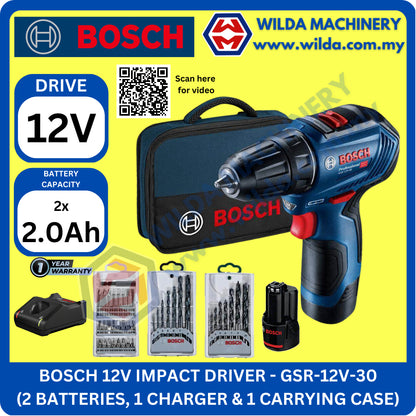 BOSCH GSR 12V-30 Professional Cordless Drill Driver (with 2 Batteries, 1 Charger & 39 Accs) - 06019G90L1 WILDA MACHINERY