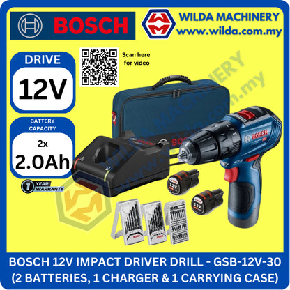 Bosch Cordless Impact Drill GSB 12V-30 30Nm, 12V, 1600rpm, GSB12V-30 SET