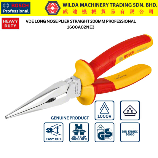 BOSCH VDE Long Nose Plier straight 200mm | 1600A02NE3 | WILDA MACHINERY