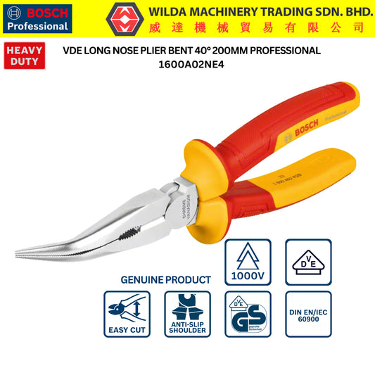 BOSCH VDE Long Nose Plier bent (40°) 200mm | 1600A02NE4 | WILDA MACHINERY
