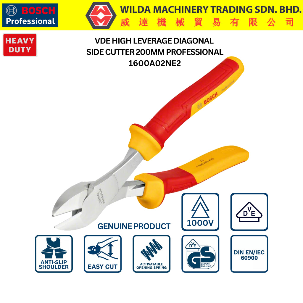 BOSCH VDE High Leverage Diagonal Side Cutter 200mm Professional | 1600A02NE2 | WILDA MACHINERY