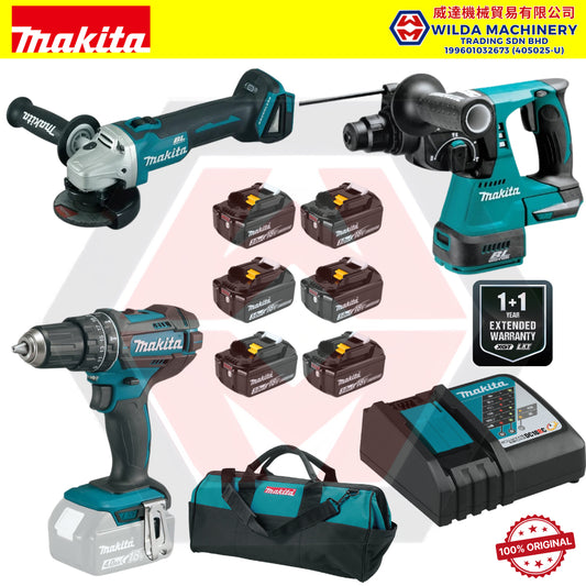 MAKITA 18V CORDLESS COMBO SET - 4" ANGLE GRINDER (DGA404Z) + 24MM ROTARY HAMMER (DHR242Z) + IMPACT DRILL (DHP482Z)