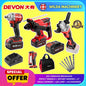 KOMBO TANPA KURSUS DEVON 20V | PERENGANA IMPAK BRUSHLESS + TUKUL PUTAR BRUSHLESS + PENGISAR SUDUT 4" BRUSHLESS + LAMPU LED
