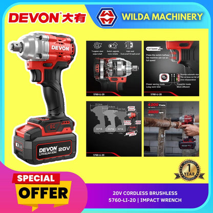 KOMBO TANPA KURSUS DEVON 20V | PERENGANA IMPAK BRUSHLESS + TUKUL PUTAR BRUSHLESS + PENGISAR SUDUT 4" BRUSHLESS + LAMPU LED
